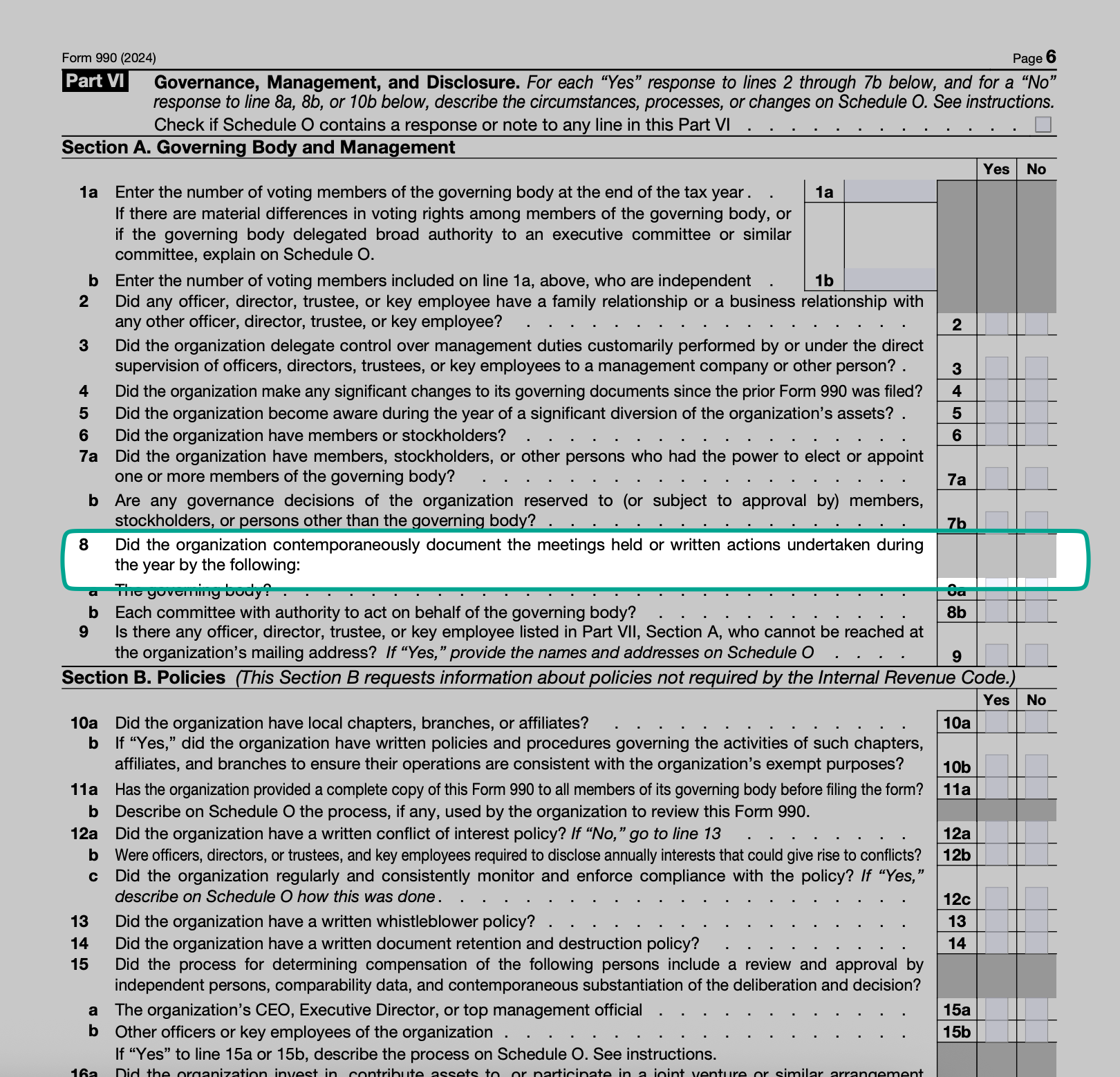 IRS Form 990 Part VI - Governance questions about meeting minutes
