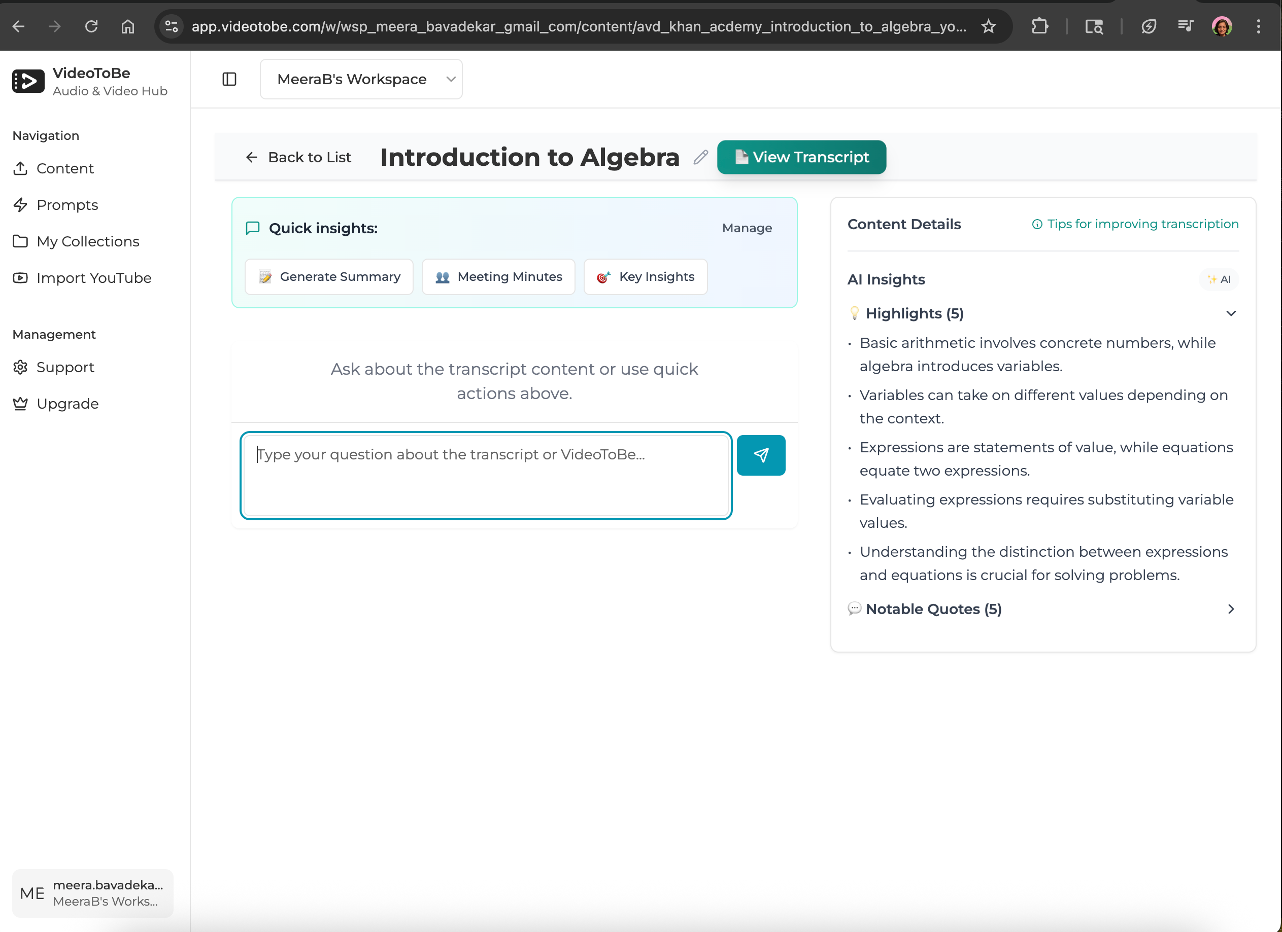 Ask questions about your transcript with AI chat